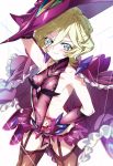  1girl absurdres black_legwear blonde_hair blush breasts carol_malus_dienheim covered_navel covered_nipples elbow_gloves gloves highres impossible_clothes looking_at_viewer mole mole_under_eye niko_(tama) no_panties pubic_tattoo purple_gloves senki_zesshou_symphogear shiny shiny_clothes shiny_hair shiny_skin short_hair side_cutout simple_background skin_tight skirt smile solo standing tattoo thighhighs white_background wire 