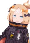  1girl abigail_williams_(fate/grand_order) absurdres bandaid_on_forehead bangs belt black_bow black_jacket blonde_hair blue_eyes blush bow crossed_bandaids fate/grand_order fate_(series) forehead hair_bow hair_bun heroic_spirit_traveling_outfit high_collar highres holding holding_stuffed_animal jacket long_hair long_sleeves looking_at_viewer multiple_bows open_mouth orange_belt orange_bow parted_bangs polka_dot polka_dot_bow purewhite_draw simple_background solo stuffed_animal stuffed_toy teddy_bear 