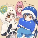  3girls animal_costume bangs blue_hair closed_eyes commentary_request detached_sleeves eyebrows_visible_through_hair fur_trim grey_hair hair_between_eyes holding holding_stuffed_animal hood hood_up kousaka_honoka long_hair love_live! love_live!_school_idol_festival love_live!_school_idol_project minami_kotori multiple_girls one_eye_closed orange_hair smile sonoda_umi stuffed_animal stuffed_toy very_long_sleeves yellow_eyes 