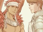  2boys armor brown_eyes brown_wings canopus_wolph facial_hair feathered_wings headband male_focus mildain_walhorn multiple_boys red_hair shirtless standing stubble tactics_ogre upper_body white_headband windcaller wings 