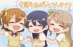  3girls bangs blue_hair bow bowtie chibi closed_eyes commentary_request eyebrows_visible_through_hair green_bow grey_hair hair_between_eyes hair_bow kousaka_honoka long_hair love_live! love_live!_school_idol_project minami_kotori multiple_girls one_side_up open_mouth orange_hair otonokizaka_school_uniform red_neckwear school_uniform shirt short_sleeves simple_background smile sonoda_umi striped striped_neckwear vest white_shirt zunda_mochi_(zundamochilala) 