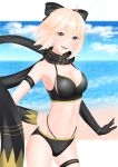  1girl :d absurdres ahoge asymmetrical_gloves bikini black_bikini black_bow black_gloves black_scarf blonde_hair blurry blurry_background blush bow breasts cleavage collarbone cowboy_shot elbow_gloves eyebrows_visible_through_hair fate/grand_order fate_(series) gloves groin hair_between_eyes hair_bow highres looking_at_viewer masamune_tokunaga medium_breasts ocean okita_souji_(fate)_(all) okita_souji_(swimsuit_assassin)_(fate) open_mouth scarf shiny shiny_hair short_hair sideboob single_glove smile solo standing swimsuit thigh_strap yellow_eyes 