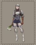  1girl armor boots braid brown_gloves elbow_gloves flower full_body gloves grey_background grey_hair lily_(flower) long_hair looking_at_viewer ravness_loxaerion shorts silver_hair simple_background solo tactics_ogre thigh_boots thighhighs twin_braids white_footwear windcaller 