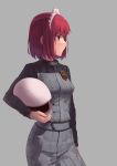  1girl absurdres blue_eyes boa_(brianoa) bodysuit closed_mouth cowboy_shot grey_background helmet highres hisui holding holding_helmet long_sleeves maid_headdress profile red_hair short_hair simple_background solo standing tsukihime 