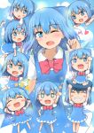  +_+ 6+girls ;d arm_behind_back arm_up bangs blue_dress blue_eyes blue_hair blush_stickers bow bowtie bright_pupils chibi cirno clenched_hand clenched_hands clone closed_eyes commentary_request cowboy_shot dress eyebrows_visible_through_hair fang grin hair_ribbon head_tilt heart highres index_finger_raised lifting_person looking_at_another looking_at_viewer lying_on_another minigirl mizune_(winter) multiple_girls one_eye_closed open_mouth outstretched_arms pinafore_dress puffy_short_sleeves puffy_sleeves red_neckwear ribbon shirt short_hair short_sleeves sitting sitting_on_person skin_fang smile spread_arms standing teeth touhou white_pupils white_shirt wings 