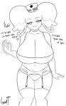  2019 anthro audino big_breasts black_and_white breasts clothed clothing conditional_dnp dialogue english_text female galaxyoron hat headgear headwear hi_res legwear mammal monochrome nintendo nurse pok&eacute;mon pok&eacute;mon_(species) smile solo text unfinished video_games 