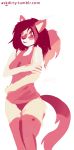 2015 absurd_res anthro biped blush breasts clothed clothing digital_media_(artwork) digital_painting_(artwork) dirtyscoundrel felid female fur hair hi_res legwear lion looking_at_viewer mammal pantherine pink_clothing pink_ears pink_eyes pink_legwear pink_nose pink_tail pink_topwear pink_underwear pinup pose red_hair simple_background sketch small_breasts solo tan_fur topwear underwear url white_background 