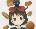  animal ayu_(mog) black_hair brown_eyes cat cropped food headband jiji_(character) kiki majo_no_takkyuubin short_hair signed 