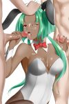  1girl 2boys absurdres alfred_cullado animal_ears banned_artist bow bowtie breasts bunny_ears bunny_girl bunnysuit cleavage collarbone covered_navel cum cum_in_mouth cum_on_body cum_on_breasts cum_on_upper_body detached_collar emerald_sustrai facial fellatio fishnet_legwear fishnet_pantyhose fishnets floating_hair green_hair hand_on_another&#039;s_head handjob highres huge_filesize leotard long_hair low_twintails medium_breasts multiple_boys one_eye_closed oral pantyhose red_bow red_eyes red_neckwear rwby shiny shiny_hair strapless strapless_leotard tongue tongue_out transparent_background twintails white_leotard wing_collar wrist_cuffs 