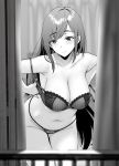  1girl bangs bare_shoulders blush bra breasts cleavage curtains eyebrows_visible_through_hair gentsuki greyscale groin highres indoors large_breasts leaning_forward long_hair looking_away monochrome navel original panties sidelocks solo stomach straight_hair tareme thighs underwear undressing unfastened window 