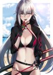  1girl ahoge bangs bikini black_bikini black_gloves black_sleeves breasts choker cleavage cloud collarbone day eyebrows_visible_through_hair fate/grand_order fate_(series) floating_hair food gloves groin hand_on_hilt highres holding holding_food jeanne_d&#039;arc_(alter_swimsuit_berserker) jeanne_d&#039;arc_(fate)_(all) large_breasts long_hair long_sleeves looking_at_viewer navel o-ring o-ring_bikini ocean outdoors popsicle print_bikini_top sheath sheathed shiny shiny_hair shrug_(clothing) silver_hair solo standing swimsuit sword tongue tongue_out very_long_hair watermelon_bar weapon yami_kyon_oov yellow_eyes 