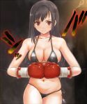  1girl akabeko207 bikini black_bikini black_hair boxing_gloves breasts brown_eyes commentary_request final_fantasy large_breasts long_hair looking_at_viewer motion_blur motion_lines navel partial_commentary solo swimsuit tifa_lockhart 
