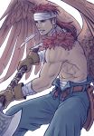  1boy belt blue_pants brown_wings canopus_wolph feathers gloves headband highres holding holding_spear holding_weapon long_hair muscle pants polearm red_hair simple_background smile spear tactics_ogre weapon white_background windcaller wings 