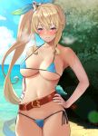  1girl bangs bare_shoulders batsu beach belt bikini black_ribbon blue_bikini blush breasts cleavage closed_mouth cloud collarbone commentary_request day dragalia_lost elbow_gloves elisanne eyebrows_visible_through_hair gloves hands_on_hips large_breasts lens_flare long_hair looking_at_viewer micro_bikini navel nose_blush ocean outdoors purple_eyes ribbon rock side-tie_bikini sidelocks smile solo stomach string_bikini sweat swimsuit underboob very_long_hair water white_gloves 