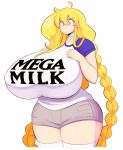  1girl ahoge blonde_hair braid breasts cassie_torbjornson choker covered_nipples curvy eyebrows_visible_through_hair gigantic_breasts highres long_hair mega_milk meme_attire original purple_eyes shorts solo sweatdrop theycallhimcake thick_thighs thighhighs thighs very_long_hair white_background wide_hips 