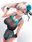  1girl arm_behind_back asymmetrical_hair bangs bare_shoulders black_swimsuit blue_eyes breasts bun_cover cleavage closed_mouth collarbone cowboy_shot fate/grand_order fate_(series) floating_hair hair_bun highres large_breasts long_hair looking_at_viewer miyamoto_musashi_(fate/grand_order) miyamoto_musashi_(swimsuit_berserker)_(fate) pink_hair sidelocks smile solo swept_bangs swimsuit takanashi-a wristband 