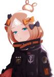  1girl abigail_williams_(fate/grand_order) absurdres bandaid_on_forehead bangs belt black_bow black_jacket blonde_hair blue_eyes blush bow crossed_bandaids fate/grand_order fate_(series) forehead hair_bow hair_bun heroic_spirit_traveling_outfit high_collar highres holding holding_stuffed_animal jacket long_hair long_sleeves looking_at_viewer multiple_bows orange_belt orange_bow parted_bangs parted_lips polka_dot polka_dot_bow purewhite_draw simple_background solo stuffed_animal stuffed_toy teddy_bear 