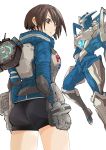  1girl akira_howard ass astral_chain boots brown_eyes brown_hair chain gloves highres jacket knee_boots long_sleeves looking_at_viewer nikukaiq police police_uniform short_hair simple_background solo uniform white_background 