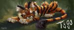  2019 4_toes ambiguous_gender black_stripes conditional_dnp day detailed_background digital_media_(artwork) felid feral fur grass mammal orange_fur outside pantherine paws sleeping solo striped_fur stripes tiger toes trunchbull 