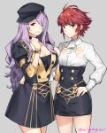  2girls arm_around_waist artist_name breasts camilla_(fire_emblem) cleavage cosplay cravat fire_emblem fire_emblem:_three_houses fire_emblem_fates garreg_mach_monastery_uniform gebyy-terar grey_background hair_over_one_eye hat highres hinoka_(fire_emblem) long_hair looking_at_viewer multiple_girls purple_hair red_hair short_hair smile standing twitter_username 