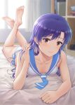  1girl barefoot bed bikini blue_neckwear blue_sailor_collar bow_bikini breasts curtains flat_chest full_body highres idolmaster indoors kisaragi_chihaya looking_at_viewer lying neckerchief on_stomach sailor_bikini sailor_collar sailor_swimsuit_(idolmaster) shelf side-tie_bikini small_breasts solo swimsuit window xi_wan_de_xigua_p 