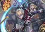  1boy 1girl armor bangs blonde_hair blue_eyes blush breasts fiorun gloves goo_goo789 green_eyes jewelry long_hair looking_at_viewer male_focus monado open_mouth short_hair shulk simple_background spoilers sword thighhighs weapon xenoblade_(series) xenoblade_1 xenoblade_2 