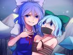  2girls arm_around_shoulder black_ribbon blue_bow blue_dress blue_eyes blue_hair bound bow cirno cirno_(cosplay) commentary cosplay dress english_commentary gag gagged green_bow grin hair_bow hand_on_own_chest ice ice_wings improvised_gag looking_at_another looking_at_viewer mai_(touhou) multiple_girls neck_ribbon nude pinafore_dress puffy_short_sleeves puffy_sleeves red_neckwear red_ribbon ribbon rope shirt short_hair short_sleeves smile speckticuls tape tape_gag tears tied_up touhou touhou_(pc-98) upper_body v-shaped_eyebrows white_shirt wings wrist_ribbon 