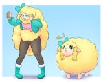  2019 alternate_color before_and_after blue_eyes bottomwear bovid caprine clothing female feral footwear fur hand_on_head humanoid mammal nintendo nintendo_switch open_mouth pants pok&eacute;mon pok&eacute;mon_(species) ribbons shirt shoes simple_background solo standing subakitsu topwear transformation video_games wool_(fur) wooloo 