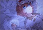  1girl bangs bed_sheet blue_eyes breast_pocket collarbone commentary doki_doki_literature_club eyebrows_visible_through_hair eyes_visible_through_hair gokurou hair_between_eyes hand_on_own_forehead long_sleeves looking_away looking_up lying nan on_back pajamas paper parted_lips pink_hair pocket sayori_(doki_doki_literature_club) short_hair solo tears twitter_username 