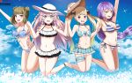  achates_ururuda angelica_(epic7) armpits beach bikini blonde_hair blush brown_eyes clarissa_(epic7) epic7 hat heart heart-shaped_pupils highres looking_at_viewer montmorancy_(epic7) open_mouth pink_hair purple_hair red_eyes sky swimsuit symbol-shaped_pupils twomoon 