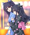  2girls :d arm_hug black_hair breasts commentary_request eyebrows_visible_through_hair floral_print hair_between_eyes hair_ribbon head_tilt japanese_clothes joney kimono long_hair long_sleeves looking_at_viewer medium_breasts multiple_girls neptune_(series) noire obi open_mouth profile red_eyes ribbon sash siblings sideways_mouth sisters smile twintails uni_(neptune_series) 