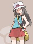  1girl bag blue_(pokemon) brown_hair hat holding holding_poke_ball kawashina_(momen_silicon) long_hair looking_at_viewer poke_ball pokemon pokemon_(game) pokemon_rgby porkpie_hat purple_background red_skirt shirt simple_background skirt sleeveless sleeveless_shirt smile solo wristband 