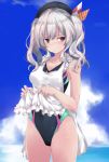  1girl apron apron_lift bangs beret blush breasts cleavage closed_mouth cloud commentary_request day eyebrows_visible_through_hair hat kantai_collection kashima_(kantai_collection) long_hair one-piece_swimsuit outdoors silver_hair sky solo swimsuit twintails water wavy_mouth white_apron yumesato_makura 