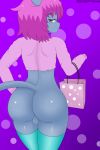  2019 anthro balls big_butt bottomless butt clothed clothing crossdressing domestic_cat felid feline felis girly hair hi_res legwear looking_at_viewer looking_back male mammal penis pizzakittynyan sammy_darkeye simple_background smile solo stockings thick_thighs thigh_highs topwear 