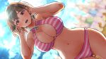  1girl anegasaki_nene bikini bikini_top blush breasts brown_hair curvy highres large_breasts looking_at_viewer love_plus medeo_i open_mouth pink_bikini short_hair sun swimsuit 