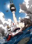  ahoge aircraft any_(lucky_denver_mint) arm_up bangs black_gloves blue_eyes breasts brown_hair eyebrows_visible_through_hair fairy_(kantai_collection) fingerless_gloves flag gloves hair_flaps hair_ornament highres injury japanese_flag kantai_collection long_hair minigirl outdoors partially_submerged red_neckwear remodel_(kantai_collection) sailor_collar school_uniform scratches serafuku shigure_(kantai_collection) short_sleeves sky smoke sweat water 