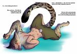  anthro biobasher breasts clothed clothing dialogue felid female hi_res kilt lying mammal multi_breast navel nipples pantherine simple_background snow_leopard solo tharkis tongue tongue_out topless transformation unseen_character white_background 