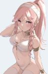  1girl adapted_costume armlet bikini blush bracelet braid breasts choker cleavage collarbone fire_emblem fire_emblem_awakening hairband hand_in_hair jewelry long_hair looking_at_viewer medium_breasts midriff navel o-ring o-ring_bikini olivia_(fire_emblem) pink_eyes pink_hair ponytail side_braids simple_background skeptycally sketch solo swimsuit thighhighs twin_braids twitter_username white_background white_bikini white_legwear 