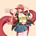  1girl :d artist_name bangs beige_background belt belt_buckle breasts buckle character_name cleavage clothes_writing collarbone commentary cowfee drumsticks english_commentary eyebrows_visible_through_hair fang hair_between_eyes hair_ornament hairclip happy holding holding_drumsticks jacket lamia large_breasts long_hair looking_at_viewer miia_(monster_musume) miniskirt monster_girl monster_musume_no_iru_nichijou open_mouth pointy_ears scales shirt sidelocks simple_background skirt slit_pupils smile solo standing tail upper_body very_long_hair yellow_eyes yellow_shirt 
