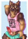  absurd_res canid canine clothing hi_res knot male mammal penis presenting pukaa smug solo underwear 