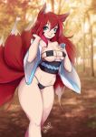  2019 animal_humanoid blue_eyes blurred_background breasts canid canid_humanoid canine canine_humanoid clothing facial_markings female forest fox_humanoid hair head_markings humanoid krakenparty mammal mammal_humanoid markings multi_tail nipple_outline outside red_hair solo thick_thighs tree underwear 