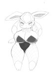  2019 ambiguous_gender anthro big_breasts blush breasts bunny_costume clothed clothing costume digital_media_(artwork) eeveelution female fishnet fur glaceon gloves_(marking) hi_res leg_markings legwear leotard line_art looking_at_viewer mammal markings monochrome nintendo open_mouth pawpads pok&eacute;mon pok&eacute;mon_(species) simple_background socks_(marking) solo standing video_games white_background wide_hips xmu 