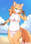  2019 absurd_res anthro beach bikini breasts camel_toe canid canine clothed clothing cloud female fox foxteru fur green_eyes hi_res looking_at_viewer mammal open_mouth orange_fur sand seaside sky solo swimwear water white_fur 