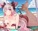  1girl ;) ass bangs barefoot beach beach_towel beach_umbrella bikini breasts cloud coca-cola collarbone crossed_ankles day demon_girl demon_horns demon_tail double_bun eyebrows_visible_through_hair feet feet_up gradient_hair hair_ornament hasu_(hk_works) honey_strap horns large_breasts long_hair looking_at_viewer lying multicolored_hair ocean on_stomach one_eye_closed outdoors pink_hair red_bikini red_eyes silver_hair smile soles solo suou_patra swimsuit tail towel umbrella untied untied_bikini very_long_hair virtual_youtuber wet 