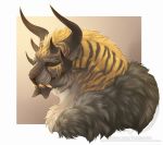  anthro blackchaos666 bust_portrait charr eyes_closed fangs felid fur grey_fur guild_wars horn male mammal mane multi_ear nude portrait sharp_teeth smile solo striped_fur stripes teeth video_games 