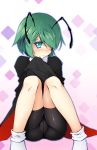  1girl antennae aqua_eyes bike_shorts black_cape blue_outline blush cape chima_q eyebrows_visible_through_hair green_hair hair_over_one_eye highres looking_at_viewer outline pantylines short_hair sitting socks solo touhou v-shaped_eyebrows wavy_mouth white_legwear wriggle_nightbug 