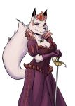  anthro badroy black_fur breasts canid canine cleavage clothed clothing color_edit colored crown cute_fangs dress ear_piercing ear_ring edit elizabethan_collar female fluffy fluffy_tail fox fully_clothed fur gloves half-closed_eyes handwear hi_res jamil_gonzalez looking_aside looking_at_viewer mammal melee_weapon nakhta piercing queen rapier royalty smile solo sword weapon white_fur 