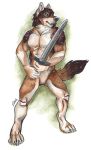 2019 anthro blue_eyes canid canine canis hi_res male mammal melee_weapon rachez rakan scar sword traditional_media_(artwork) weapon wolf 