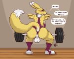  2019 5:4 absurd_res anthro anus balls bent_over big_balls big_butt bodily_fluids breasts butt canid canine clothed clothing digimon digimon_(species) exercise fur gynomorph hi_res hyenatig_(artist) intersex looking_at_viewer mammal presenting presenting_hindquarters renamon solo standing sweat text thick_thighs weightlifting weights workout yellow_fur 