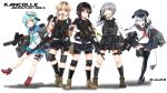  5girls ahoge black_legwear dixie_cup_hat flat_cap full_body gun hair_flaps hair_ornament hair_ribbon hairclip hat headset hibiki_(kantai_collection) highres kantai_collection kasumi_(kantai_collection) knee_pads knife long_hair long_sleeves military_hat multiple_girls pleated_skirt ponytail remodel_(kantai_collection) ribbon rigging sailor_collar samuel_b._roberts_(kantai_collection) scarf school_uniform sekino_takehiro serafuku shadow shigure_(kantai_collection) short_sleeves simple_background skirt socks standing star thighhighs twitter_username weapon weapon_request white_background white_scarf yuudachi_(kantai_collection) 